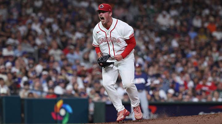 Mar 13, 2026: Canada relief pitcher Matt Wilkinson (35) reacts during the eighth inning against the United States during a quarterfinal game of the 2026 World Baseball Classic at Daikin Park. Credit: Troy Taormina-Imagn Images