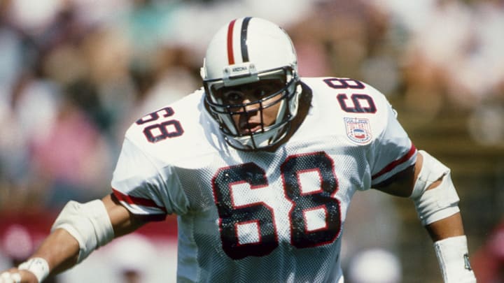 Unknown date; Palo Alto, CA, USA; FILE PHOTO; Arizona Wildcats defensive end Tedy Bruschi (68) in action against the Stanford Cardinal at Stanford Stadium. Mandatory Credit: Imagn Images Unknown date; Palo Alto, CA, USA; FILE PHOTO; Arizona Wildcats defensive end Tedy Bruschi (68) in action against the Stanford Cardinal at Stanford Stadium. Mandatory Credit: Imagn Images