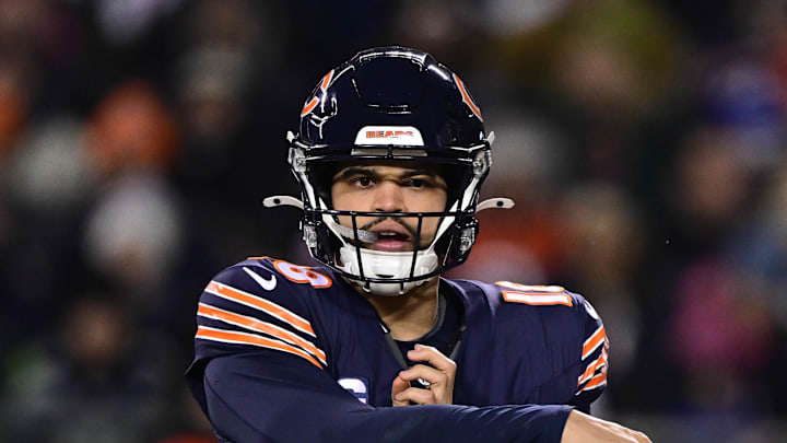 Dec 26, 2024; Chicago, Illinois, USA; Chicago Bears quarterback Caleb Williams (18) passes the ball against the Seattle Seahawks during the second quarter at Soldier Field. Mandatory Credit: Daniel Bartel-Imagn Images