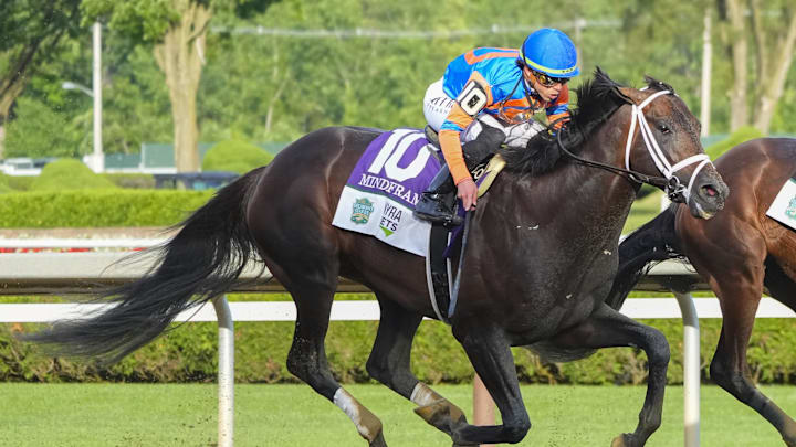 Jun 8, 2024; Saratoga Springs, NY, USA; Mindframe with Irad Ortiz Jr. up (10) during the Belmont Stake at Saratoga Race Course. Jun 8, 2024; Saratoga Springs, NY, USA; Mindframe with Irad Ortiz Jr. up (10) during the Belmont Stake at Saratoga Race Course.