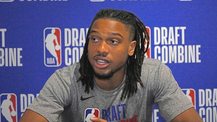May 14, 2025; Chicago, Il, USA; Chaz Lanier talks to the media during the 2025 NBA Draft Combine at Marriott Marquis Chicago. Mandatory Credit: David Banks-Imagn Images