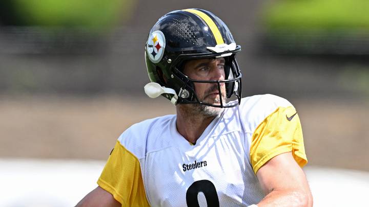 Aug 03, 2026; Latrobe, PA, USA; Pittsburgh Steelers quarterback Aaron Rodgers (8) throws a pass in a practice session at Training camp at Saint Vincent College. Mandatory Credit: Barry Reeger-Imagn Images Aug 03, 2026; Latrobe, PA, USA; Pittsburgh Steelers quarterback Aaron Rodgers (8) throws a pass in a practice session at Training camp at Saint Vincent College. Mandatory Credit: Barry Reeger-Imagn Images