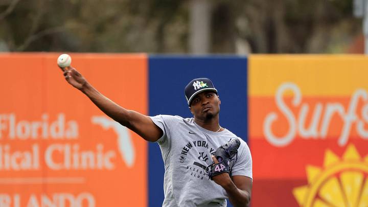 Feb 12, 2026; Tampa, FL, USA;  New York Yankees pitcher Yerry de Los Santos (73) works out during spring training workouts at George M. Steinbrenner Field. Mandatory Credit: Kim Klement Neitzel-Imagn Images