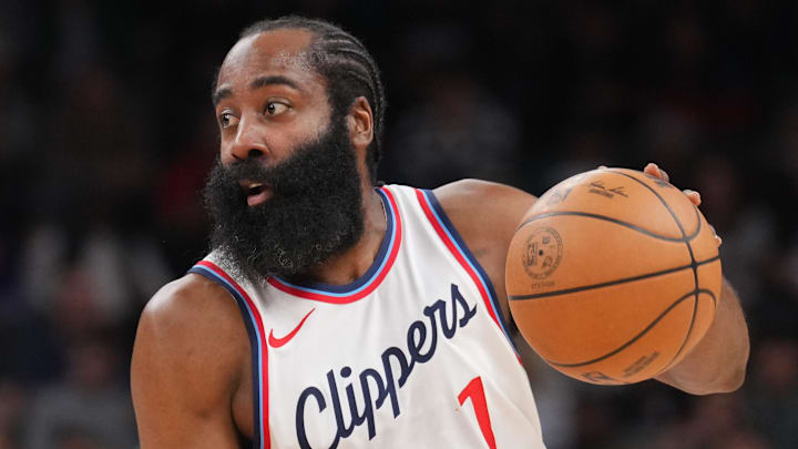 Mar 4, 2025; Phoenix, Arizona, USA; LA Clippers guard James Harden (1) dribbles against the Phoenix Suns during the first half at PHX Center. Mandatory Credit: Joe Camporeale-Imagn Images