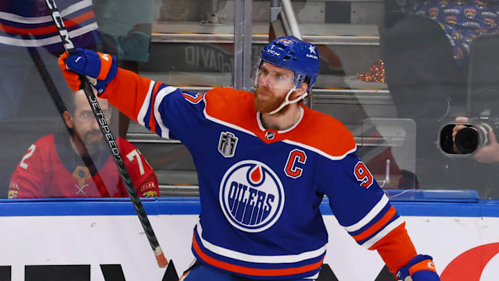 Edmonton Oilers center Connor McDavid (97) celebrates goal