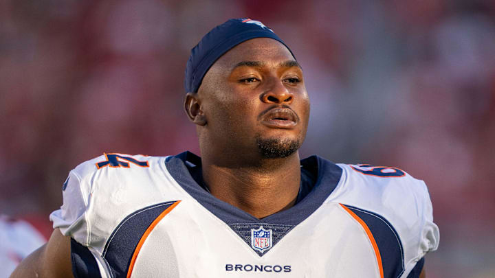 August 19, 2023; Santa Clara, California, USA; Denver Broncos defensive tackle Haggai Ndubuisi (64) during halftime against the San Francisco 49ers at Levi's Stadium. Mandatory Credit: Kyle Terada-Imagn Images