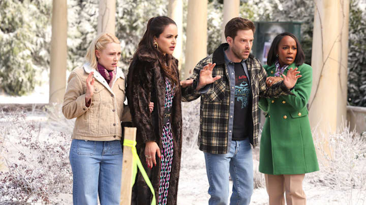 GROSSE POINTE GARDEN SOCIETY -- "Bad Seeds" Episode 113 -- Pictured: (l-r) AnnaSophia Robb as Alice, Melissa Fumero as Birdie, Ben Rappaport as Brett, Aja Naomi King as Catherine -- (Photo by: Matt Miller/NBC)