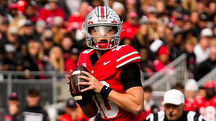 Ohio State Buckeyes quarterback Julian Sayin (10) looks to make a pass in the first half at Ohio Stadium on Saturday, Nov. 1, 2025 in Columbus, Ohio.
