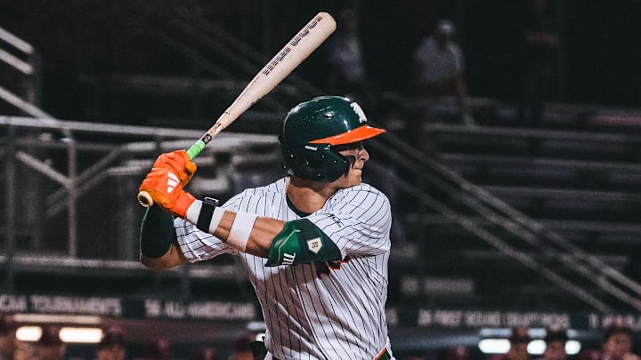 Miami Hurricanes freshman Dylan Dubovik hitting against Boston College.