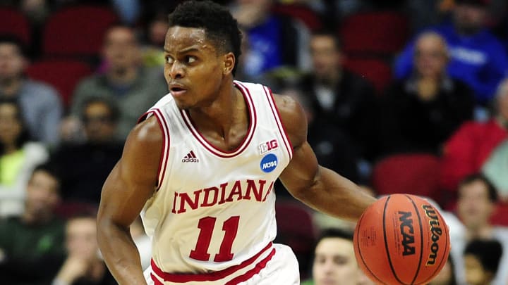 Indiana Hoosiers guard Yogi Ferrell (11) brings the ball up court during the first half against the Chattanooga Mocs in the first round of the 2016 NCAA Tournament at Wells Fargo Arena. Indiana Hoosiers guard Yogi Ferrell (11) brings the ball up court during the first half against the Chattanooga Mocs in the first round of the 2016 NCAA Tournament at Wells Fargo Arena.