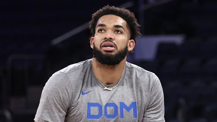 Nov 17, 2024; New York, New York, USA;  New York Knicks center Karl-Anthony Towns (32) warms up prior to the game against the Brooklyn Nets at Madison Square Garden. Mandatory Credit: Wendell Cruz-Imagn Images