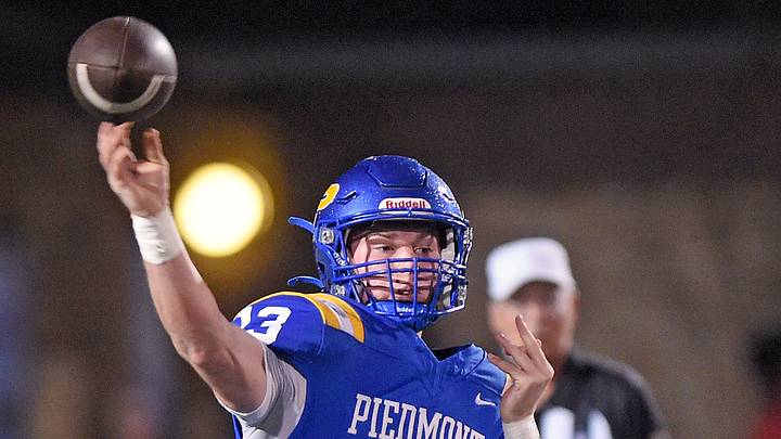 Piedmont quarterback Cole Austin makes a pass during high school football action against Gordo in Piedmont, Alabama November 21, 2025. (Dave Hyatt / Hyatt Media LLC) Piedmont quarterback Cole Austin makes a pass during high school football action against Gordo in Piedmont, Alabama November 21, 2025. (Dave Hyatt / Hyatt Media LLC)
