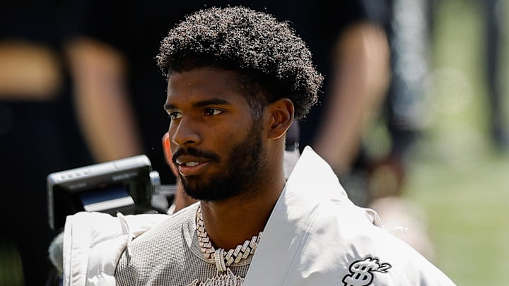 Apr 19, 2025; Boulder, CO, USA; Colorado Buffaloes former player Shedeur Sanders before the spring game at Folsom Field. Mandatory Credit: Isaiah J. Downing-Imagn Images