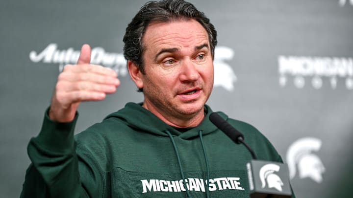 Michigan State coach Jonathan Smith talks the media on the first national signing day for college football recruits Wednesday, Dec. 20, 2023, at Spartan Stadium in East Lansing.