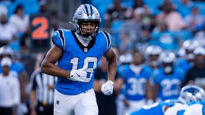 Aug 8, 2025; Charlotte, North Carolina, USA; Carolina Panthers wide receiver Jalen Coker (18) goes in motion during the second quarter against the Cleveland Browns at Bank of America Stadium. Aug 8, 2025; Charlotte, North Carolina, USA; Carolina Panthers wide receiver Jalen Coker (18) goes in motion during the second quarter against the Cleveland Browns at Bank of America Stadium.