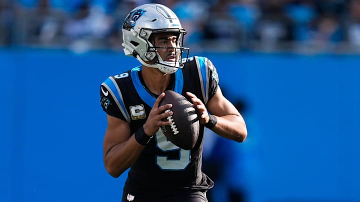 Nov 9, 2025; Charlotte, North Carolina, USA;  Carolina Panthers quarterback Bryce Young (9) looks to pass during the third quarter against the New Orleans Saints at Bank of America Stadium. Mandatory Credit: Jim Dedmon-Imagn Images