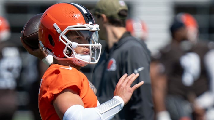Quarterback Dillon Gabriel passes the ball at the Browns mini camp in Berea on April 21, 2026.