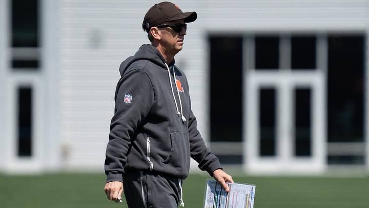 Coach Todd Monken walks through groups of players as they train at the Browns mini camp in Berea on April 21, 2026.