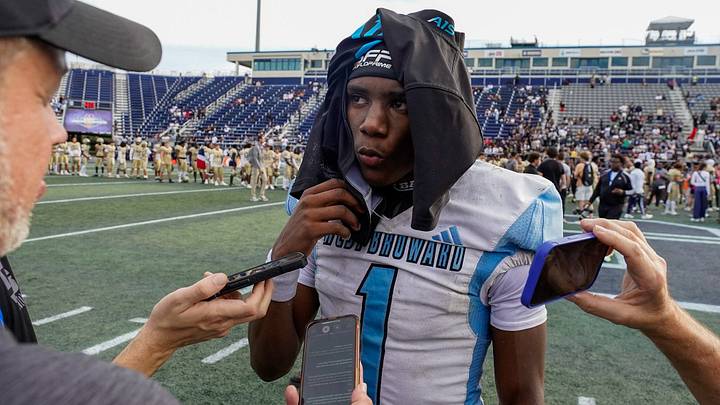 West Broward defensive back Amir Sears (1) talks to reporters after losing 31-0 to West Boca in the 6A State Final at Pitbull Stadium on Dec. 12, 2025, in Miami, FL.