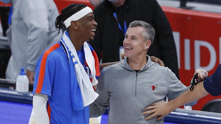 Dec 18, 2020; Oklahoma City, Oklahoma, USA; Oklahoma City Thunder guard Shai Gilgeous-Alexander, left, and Chicago Bulls head coach and former Oklahoma City Thunder head coach Billy Donovan greet each other following a their game at Chesapeake Energy Arena. Mandatory Credit: Alonzo Adams-Imagn Images Dec 18, 2020; Oklahoma City, Oklahoma, USA; Oklahoma City Thunder guard Shai Gilgeous-Alexander, left, and Chicago Bulls head coach and former Oklahoma City Thunder head coach Billy Donovan greet each other following a their game at Chesapeake Energy Arena. Mandatory Credit: Alonzo Adams-Imagn Images