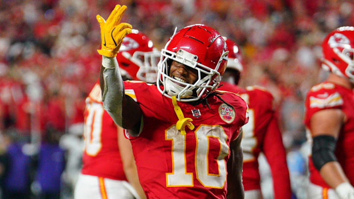 Sep 5, 2024; Kansas City, Missouri, USA; Kansas City Chiefs running back Isiah Pacheco (10) celebrates after a score against the Baltimore Ravens during the second half at GEHA Field at Arrowhead Stadium. Mandatory Credit: Denny Medley-Imagn Images