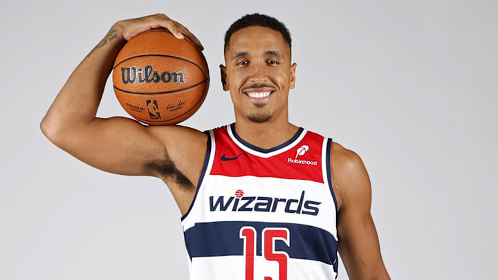 Sep 30, 2024; Washington, DC, USA; Washington Wizards guard Malcolm Brogdon (15) poses for a portrait during Washington Wizards media day 2024 at Capital One Arena. Mandatory Credit: Geoff Burke-Imagn Images