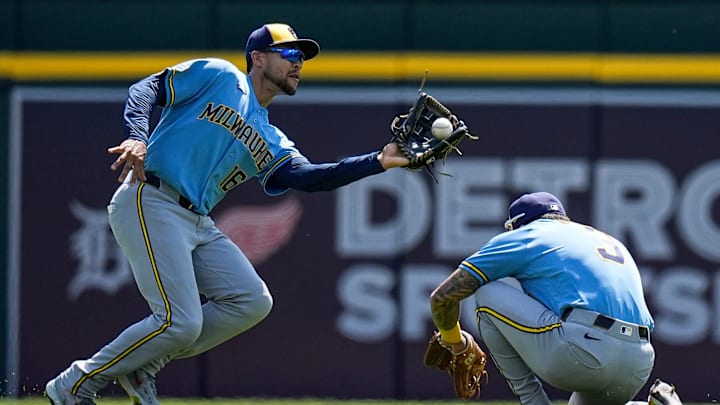 Milwaukee Brewers center fielder Blake Perkins (16) catches for a fly out against Detroit Tigers during the fifth inning at Comerica Park in Detroit on Thursday, April 23, 2026.