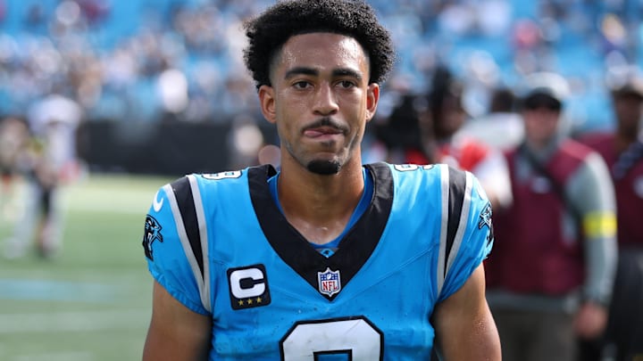 Sep 21, 2025; Charlotte, North Carolina, USA; Carolina Panthers quarterback Bryce Young (9) leaves the field following a game between Carolina Panthers and the Atlanta Falcons at Bank of America Stadium. 