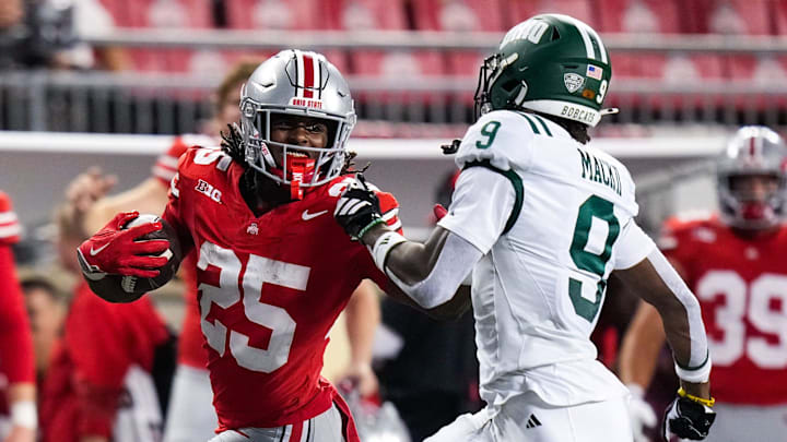 Ohio State Buckeyes running back Bo Jackson (25) stiff arms Ohio Bobcats cornerback Michael Mack II (9) in the second half at the Ohio Stadium on Saturday, Sept. 13, 2025 in Columbus, Ohio.
