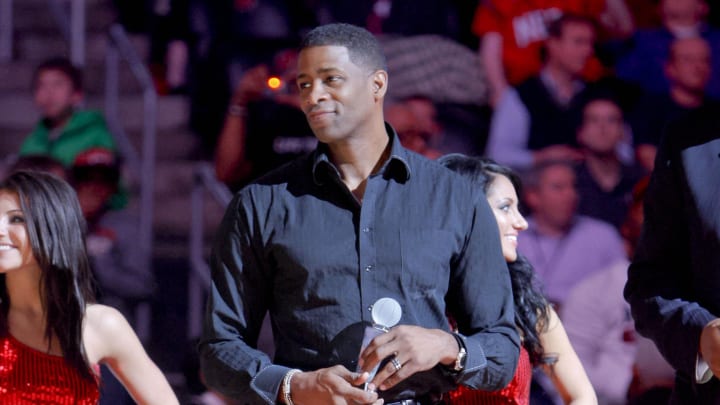 Apr 23, 2012; Newark, NJ, USA; New Jersey Nets former player Kendall Gill is introduced at halftime during game against the Philadelphia 76ers at the Prudential Center. Mandatory Credit: Jim O'Connor-USA TODAY Sports