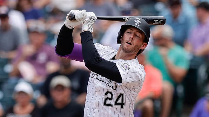 Jul 23, 2025; Denver, Colorado, USA; Colorado Rockies third baseman Ryan McMahon (24) reacts after striking out in the fifth inning against the St. Louis Cardinals at Coors Field. Mandatory Credit: Isaiah J. Downing-Imagn Images