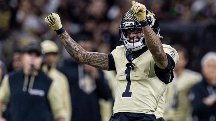 Dec 21, 2025; New Orleans, Louisiana, USA; New Orleans Saints cornerback Alontae Taylor (1) reacts to making a tackle against New York Jets quarterback Brady Cook (not pictured) during the first half at Caesars Superdome. Mandatory Credit: Stephen Lew-Imagn Images Dec 21, 2025; New Orleans, Louisiana, USA; New Orleans Saints cornerback Alontae Taylor (1) reacts to making a tackle against New York Jets quarterback Brady Cook (not pictured) during the first half at Caesars Superdome. Mandatory Credit: Stephen Lew-Imagn Images