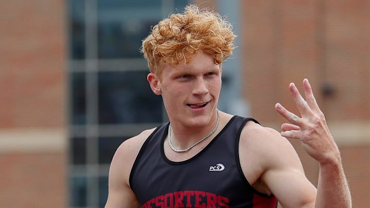 Elkhart Lake-Glenbeulah High School’s Brody Feldmann holds up three fingers after winning his third state title of the meet in the Division 3 boys 200-meter dash during the second day of the 2025 WIAA state track and field meet on Saturday, June 7, 2025, at Veterans Memorial Field Sports Complex in La Crosse, Wisconsin. Tork Mason/USA TODAY NETWORK-Wisconsin
