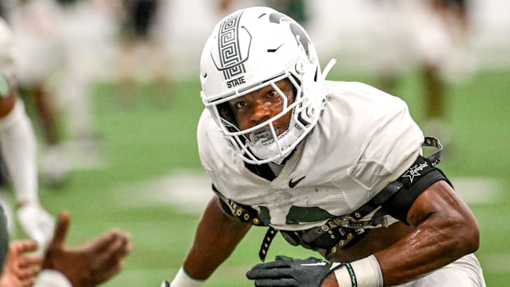 Michigan State's Armorion Smith runs a drill during camp on Monday, Aug. 5, 2024, at the indoor practice facility in East Lansing.