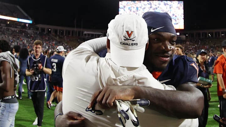 Sep 26, 2025; Charlottesville, Virginia, USA; Virginia Cavaliers running back J'Mari Taylor (3) celebrates after the Cavaliers' win against against the Florida State Seminoles in two overtimes at Scott Stadium. Mandatory Credit: Geoff Burke-Imagn Images
