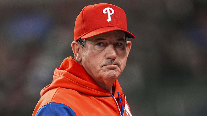 Apr 9, 2025; Cumberland, Georgia, USA; Philadelphia Phillies manager Rob Thomson (59) on the field during the game against the Atlanta Braves at Truist Park