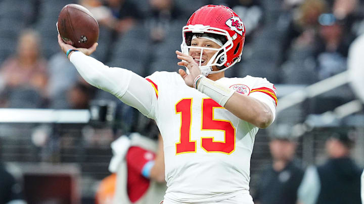 Oct 27, 2024; Paradise, Nevada, USA; Kansas City Chiefs quarterback Patrick Mahomes (15) warms up before a game against the Las Vegas Raiders at Allegiant Stadium. Mandatory Credit: Stephen R. Sylvanie-Imagn Images