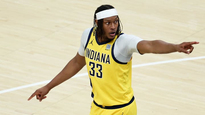 Former Indiana Pacers center Myles Turner (33) reacts in the first quarter during game six of the 2025 NBA Finals against the Oklahoma City Thunder at Gainbridge Fieldhouse. 