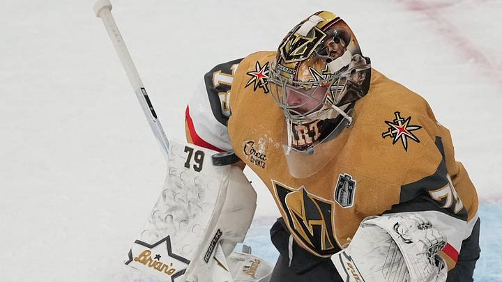 Jun 14, 2026; Las Vegas, Nevada, USA; Vegas Golden Knights goaltender Carter Hart (79) blocks a shot during the first period against the Carolina Hurricanes game six of the 2026 Stanley Cup Final at T-Mobile Arena. Mandatory Credit: Lucas Peltier-Imagn Images Jun 14, 2026; Las Vegas, Nevada, USA; Vegas Golden Knights goaltender Carter Hart (79) blocks a shot during the first period against the Carolina Hurricanes game six of the 2026 Stanley Cup Final at T-Mobile Arena. Mandatory Credit: Lucas Peltier-Imagn Images