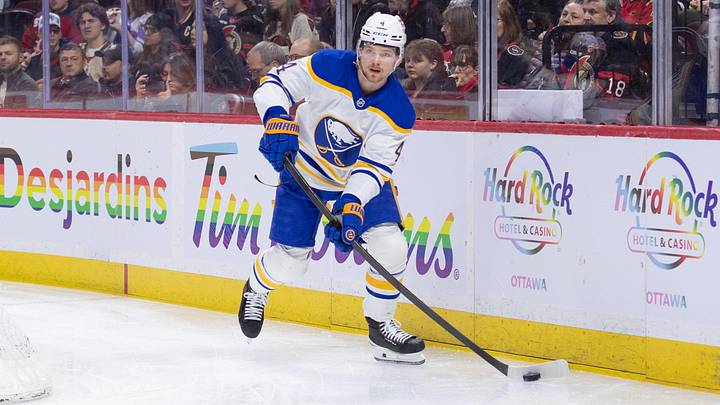 Apr 2, 2026; Ottawa, Ontario, CAN; Buffalo Sabres defenseman Bowen Byram (4) skates with the puck in the first period against the Ottawa Senators at the Canadian Tire Centre. Mandatory Credit: Marc DesRosiers-IMAGN Images