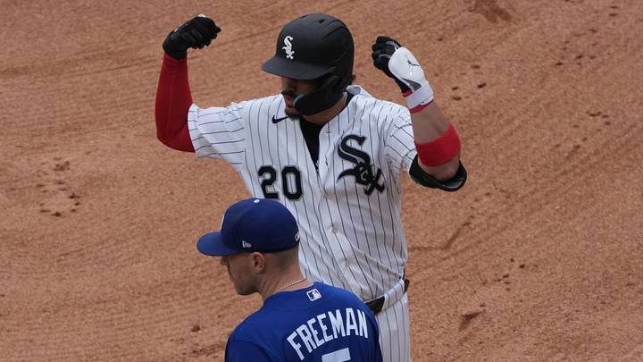 Jun 14, 2026; Chicago, Illinois, USA; Chicago White Sox third baseman Miguel Vargas (20) gestures after hitting a single as Los Angeles Dodgers first baseman Freddie Freeman (5) stands nearby during the sixth inning at Rate Field. Mandatory Credit: David Banks-Imagn Images Jun 14, 2026; Chicago, Illinois, USA; Chicago White Sox third baseman Miguel Vargas (20) gestures after hitting a single as Los Angeles Dodgers first baseman Freddie Freeman (5) stands nearby during the sixth inning at Rate Field. Mandatory Credit: David Banks-Imagn Images