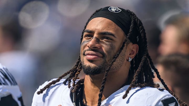 Sep 15, 2024; Baltimore, Maryland, USA; Las Vegas Raiders safety Tre'von Moehrig (7) looks on before the game against the Baltimore Ravens at M&T Bank Stadium. Mandatory Credit: Reggie Hildred-Imagn Images
