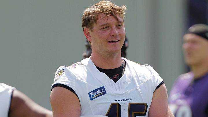 Jul 29, 2026; Ownings Mills, MD, USA; Baltimore Ravens linebacker Ethan Burke (45) during practice at the Under Armour Performance Center. Mandatory Credit: Mitch Stringer-Imagn Images Jul 29, 2026; Ownings Mills, MD, USA; Baltimore Ravens linebacker Ethan Burke (45) during practice at the Under Armour Performance Center. Mandatory Credit: Mitch Stringer-Imagn Images