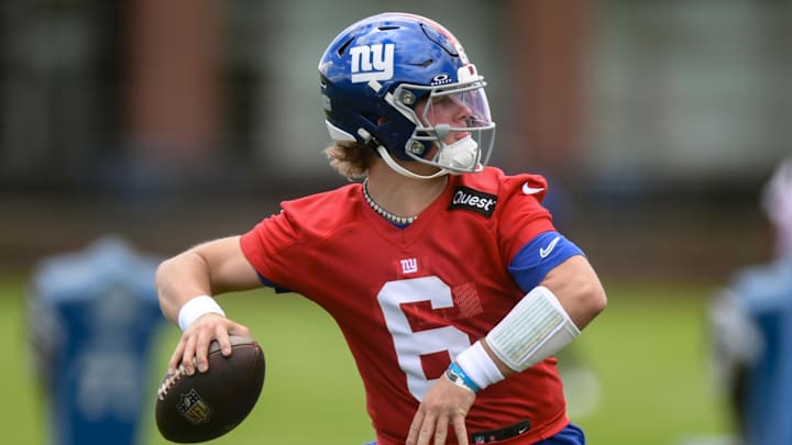 May 10, 2025; East Rutherford, NJ, USA; New York Giants quarterback Jaxson Dart (6) throws a pass during rookie minicamp at Quest Diagnostics Training Center. Mandatory Credit: John Jones-Imagn Images
