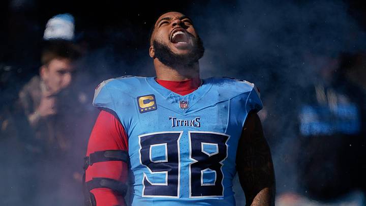 Tennessee Titans defensive tackle Jeffery Simmons (98) takes the field before the game against the Kansas City Chiefs at Nissan Stadium in Nashville, Tenn., Sunday, Dec. 21, 2025. Tennessee Titans defensive tackle Jeffery Simmons (98) takes the field before the game against the Kansas City Chiefs at Nissan Stadium in Nashville, Tenn., Sunday, Dec. 21, 2025.