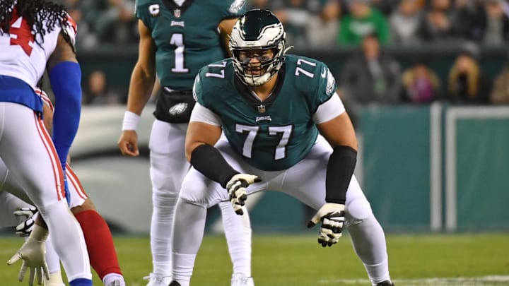 Jan 21, 2023; Philadelphia, Pennsylvania, USA; Philadelphia Eagles offensive tackle Andre Dillard (77) against the New York Giants during an NFC divisional round game at Lincoln Financial Field. Mandatory Credit: Eric Hartline-Imagn Images