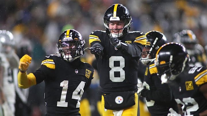 Pittsburgh Steelers quarterback Kenny Pickett (8) celebrates the game winning touchdown with wide
