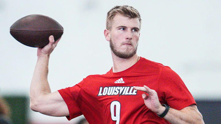 Louisville quarterback Tyler Shough during Pro Day at the UofL Football's Trager Indoor Practice Facility Tuesday, March 25, 2025. Louisville quarterback Tyler Shough during Pro Day at the UofL Football's Trager Indoor Practice Facility Tuesday, March 25, 2025.