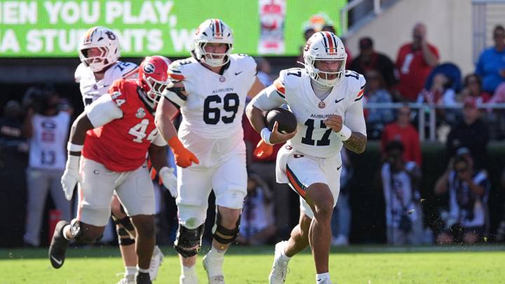 Oct 17, 2026; Athens, Georgia, USA;  Auburn quarterback Byrum Brown (17) runs for a gain during the first quarter against Georgia at Sanford Stadium.  Mandatory Credit: Dale Zanine-Imagn Images