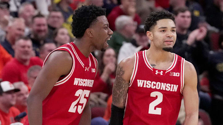 Wisconsin guards John Blackwell (25) and Nick Boyd react during the Big Ten quarterfinals.